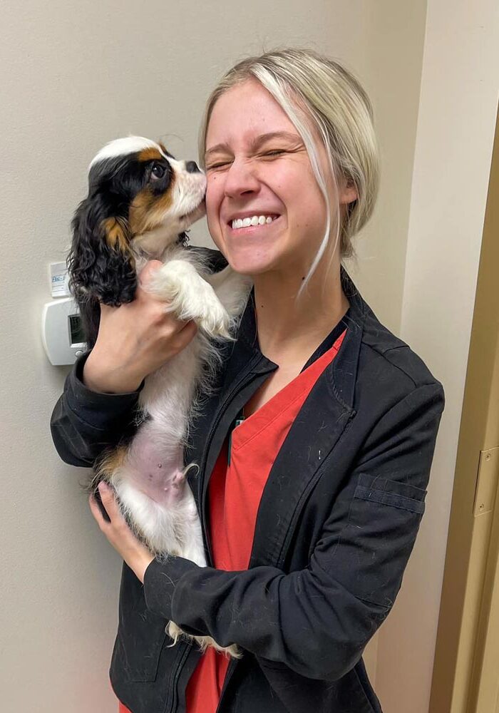 Vet Tech Holding Licking Puppy